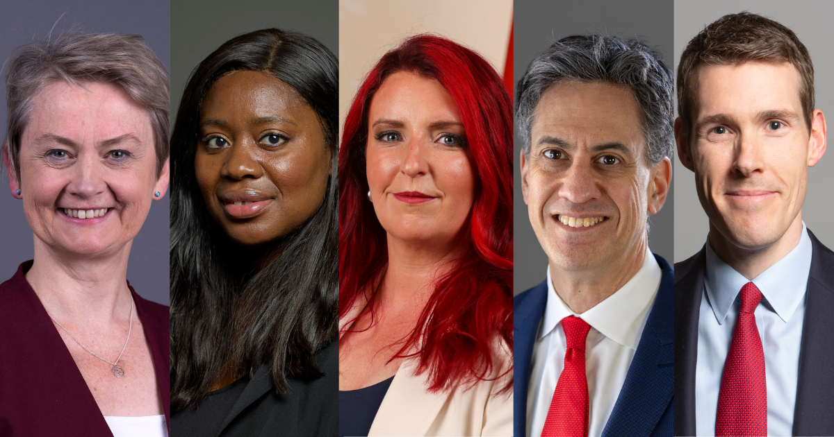 Headshots of Cooper, Fahnbulleh, Haigh, Miliband and Pennycook.
