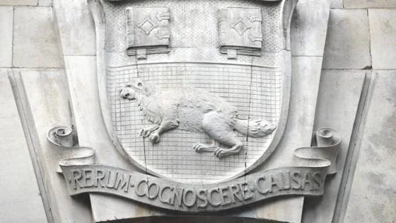 A stone artwork of the LSE beaver mascot on a wall.