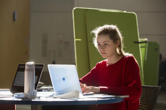 A person sitting in the LSE Library looking at their laptop