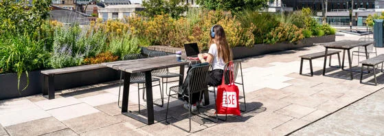 LSE student enjoying views from the CBG campus rooftop