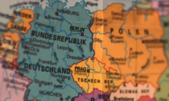 Map of Europe on a globe zoomed in.