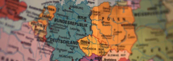 Map of Europe on a globe zoomed in.