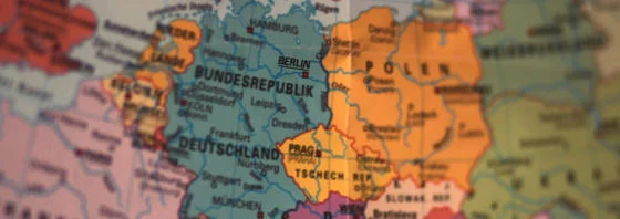 Map of Europe on a globe zoomed in.