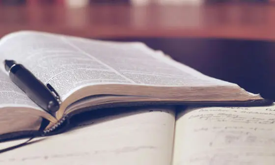 Open books and a pen.