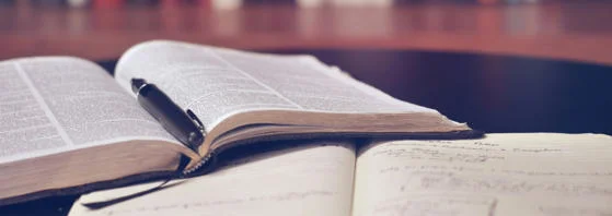 Open books and a pen.