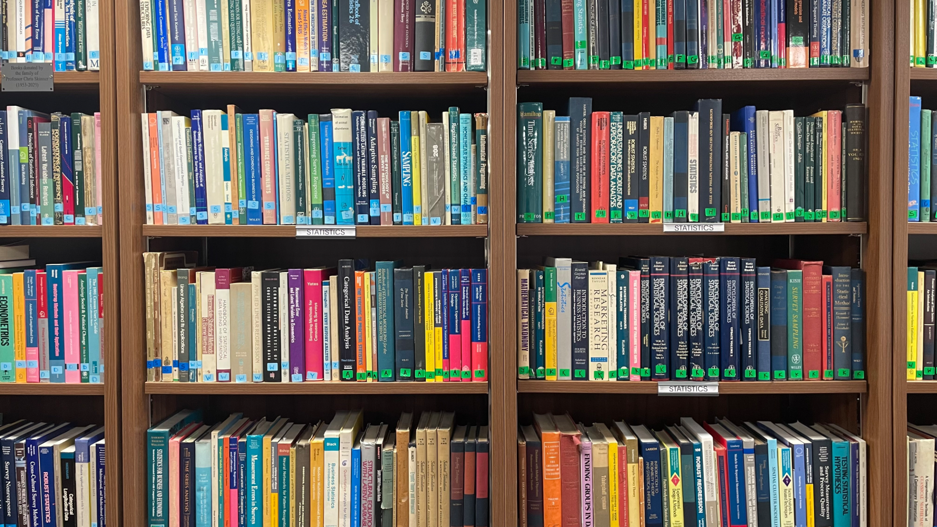 Books on the shelves in the LSE Department of Statistics library