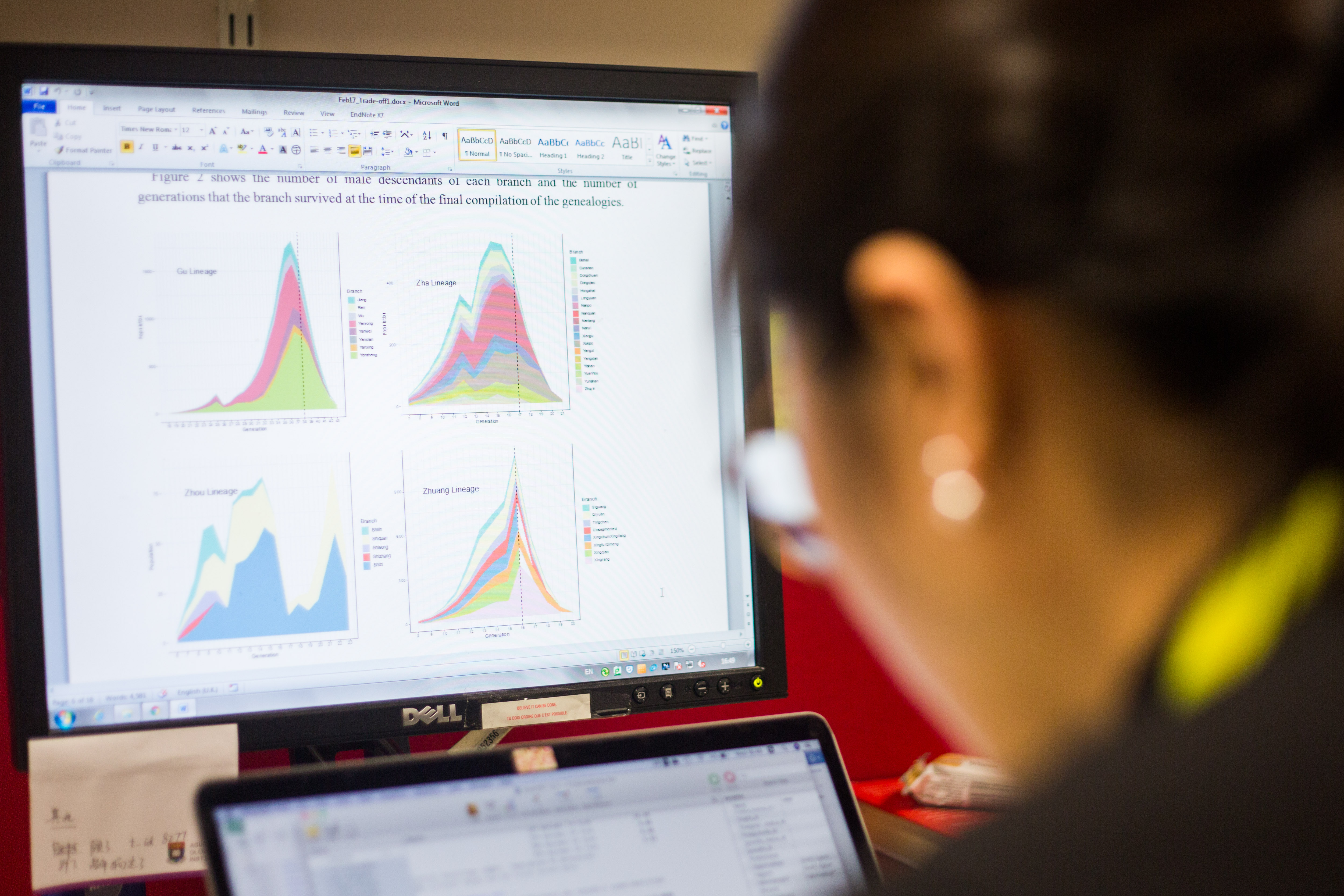 PhD student looking at graphs on a screen