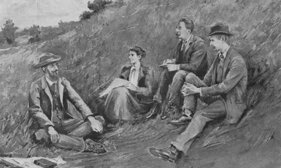 A sketch drawing of the four people who founded LSE: Sidney Webb, Beatrice Webb, Graham Wallas, and George Bernard Shaw.