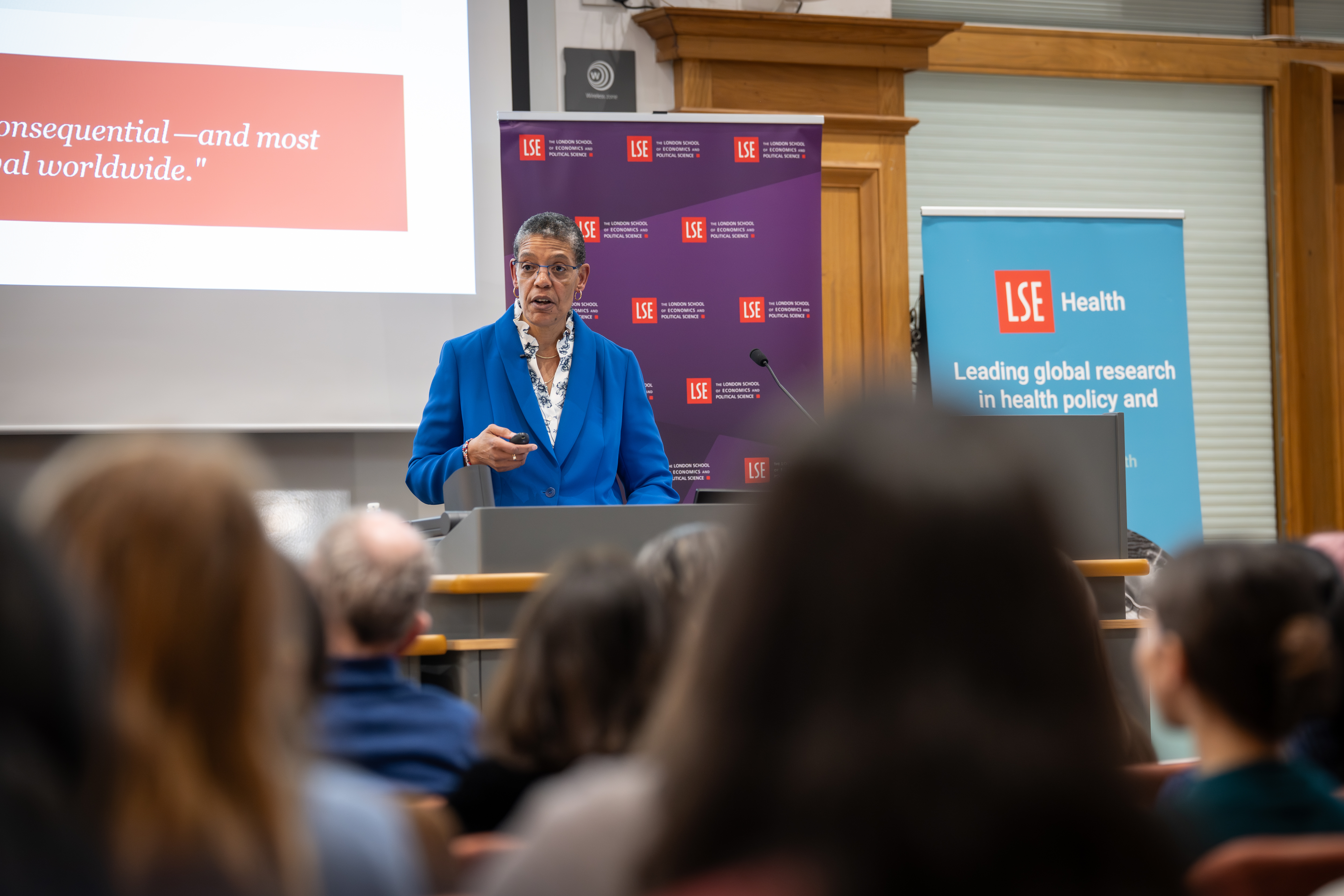 Professor Michelle A Williams, Stanford University, delivering the joint LSE Health and Department of Health Policy Annual Lecture, March 2026.