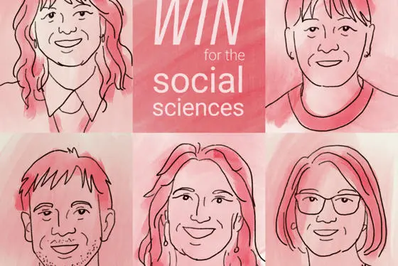 An illustrated sketch of the iQ team in different boxes with a box in the middle reading' "What a win for the social sciences".