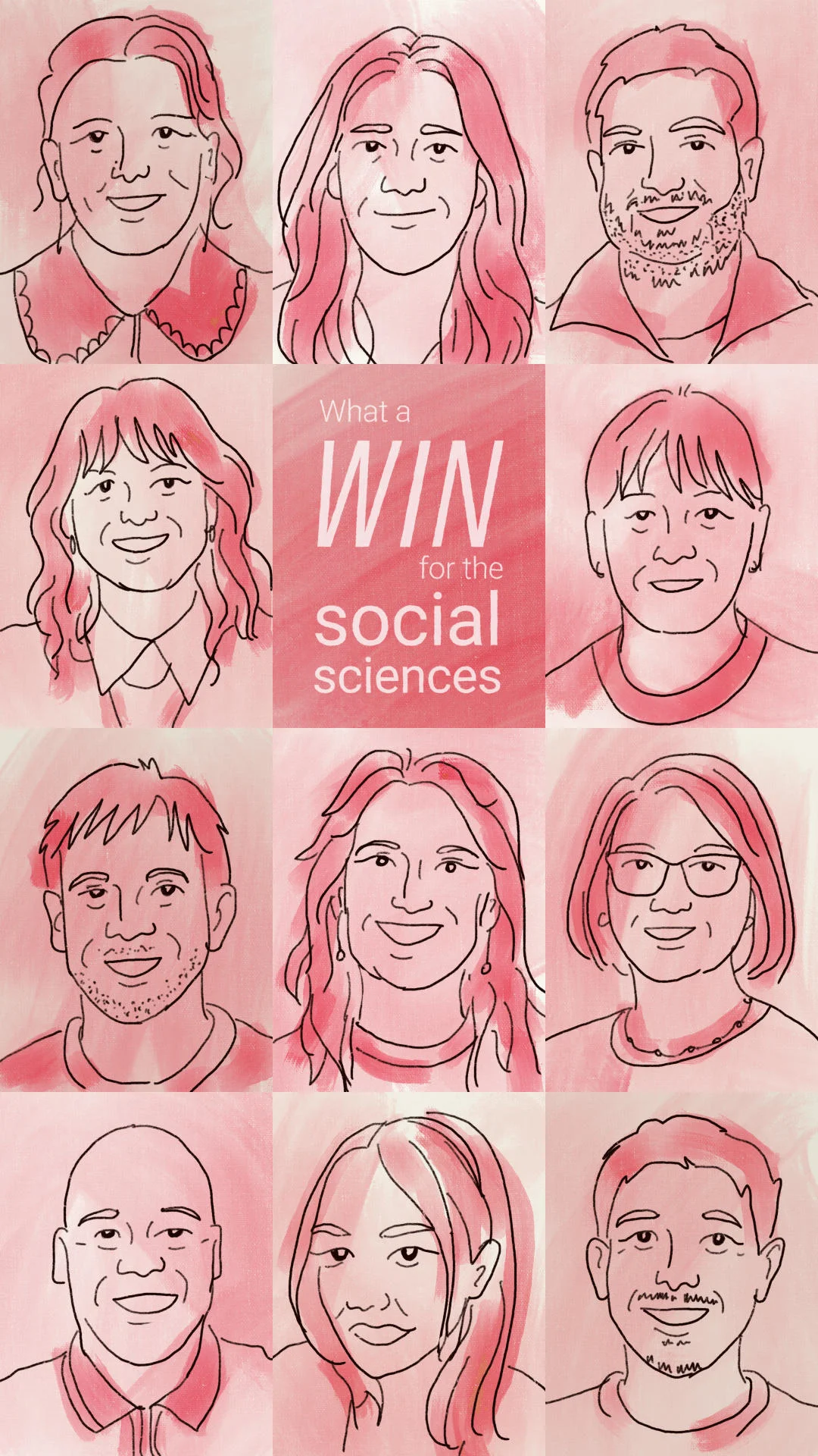 An illustrated sketch of the iQ team in different boxes with a box in the middle reading' "What a win for the social sciences".