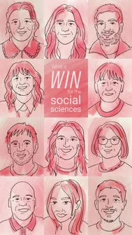 An illustrated sketch of the iQ team in different boxes with a box in the middle reading' "What a win for the social sciences".