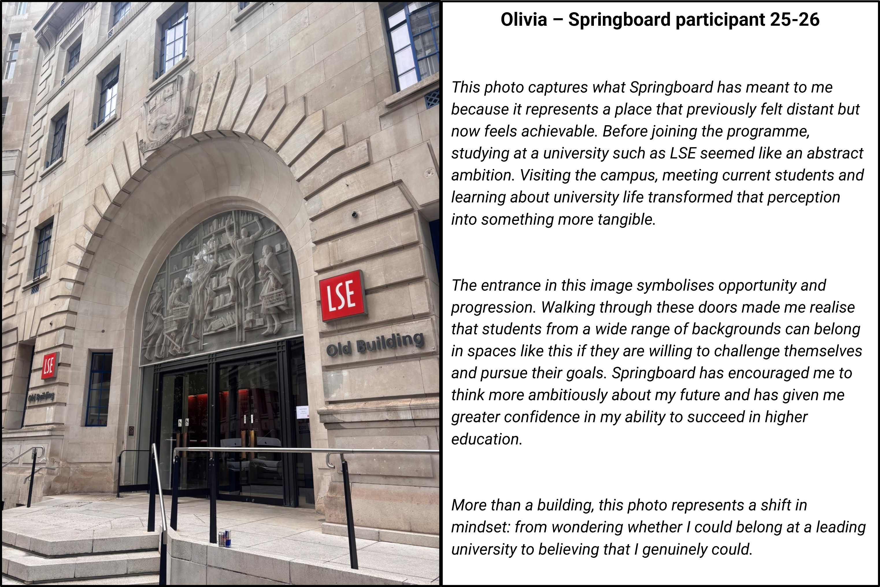 Outside of Old Building, with a quote from a Springboard participant reading "This photo captures what Springboard has meant to me because it represents a place that previously felt distant but now feels achievable. Before joining the programme, studying at a university such as LSE seemed like an abstract ambition. Visiting the campus, meeting current students and learning about university life transformed that perception into something more tangible. The entrance in this image symbolises opportunity and progression. Walking through these doors made me realise that students from a wide range of backgrounds can belong in spaces like this if they are willing to challenge themselves and pursue their goals. Springboard has encouraged me to think more ambitiously about my future and has given me greater confidence in my ability to succeed in higher education.  

More than a building, this photo represents a shift in mindset: from wondering whether I could belong at a leading university to believing that I genuinely could. 