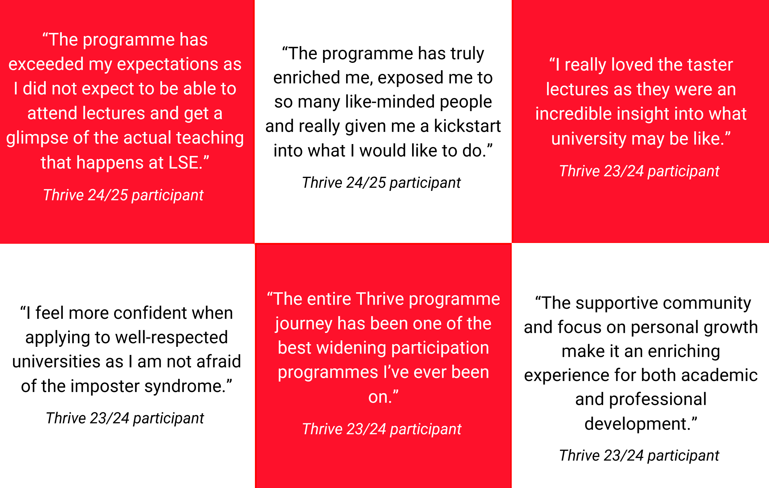A series of quotes from past Thrive participants - "The programme has truly enriched me, exposed me to so many like-minded people and really given me a kickstart into what I would like to do."