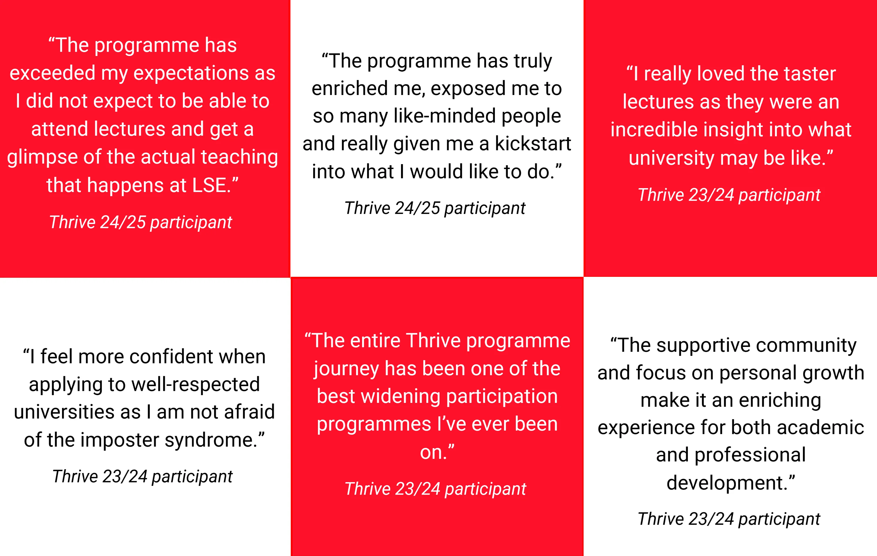 A series of quotes from past Thrive participants - "The programme has truly enriched me, exposed me to so many like-minded people and really given me a kickstart into what I would like to do."