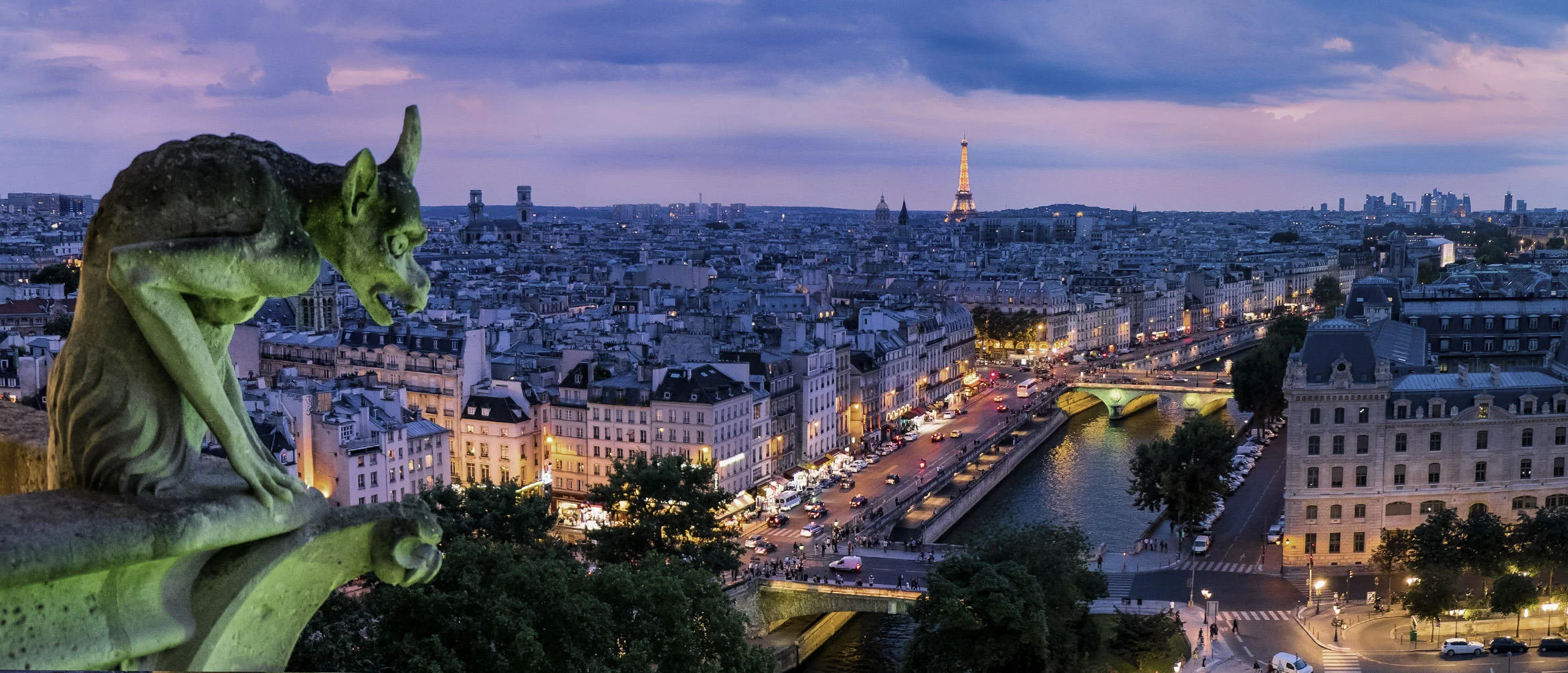 View of Paris with a gargoyle in the foreground and the Eiffel Tower in the background.