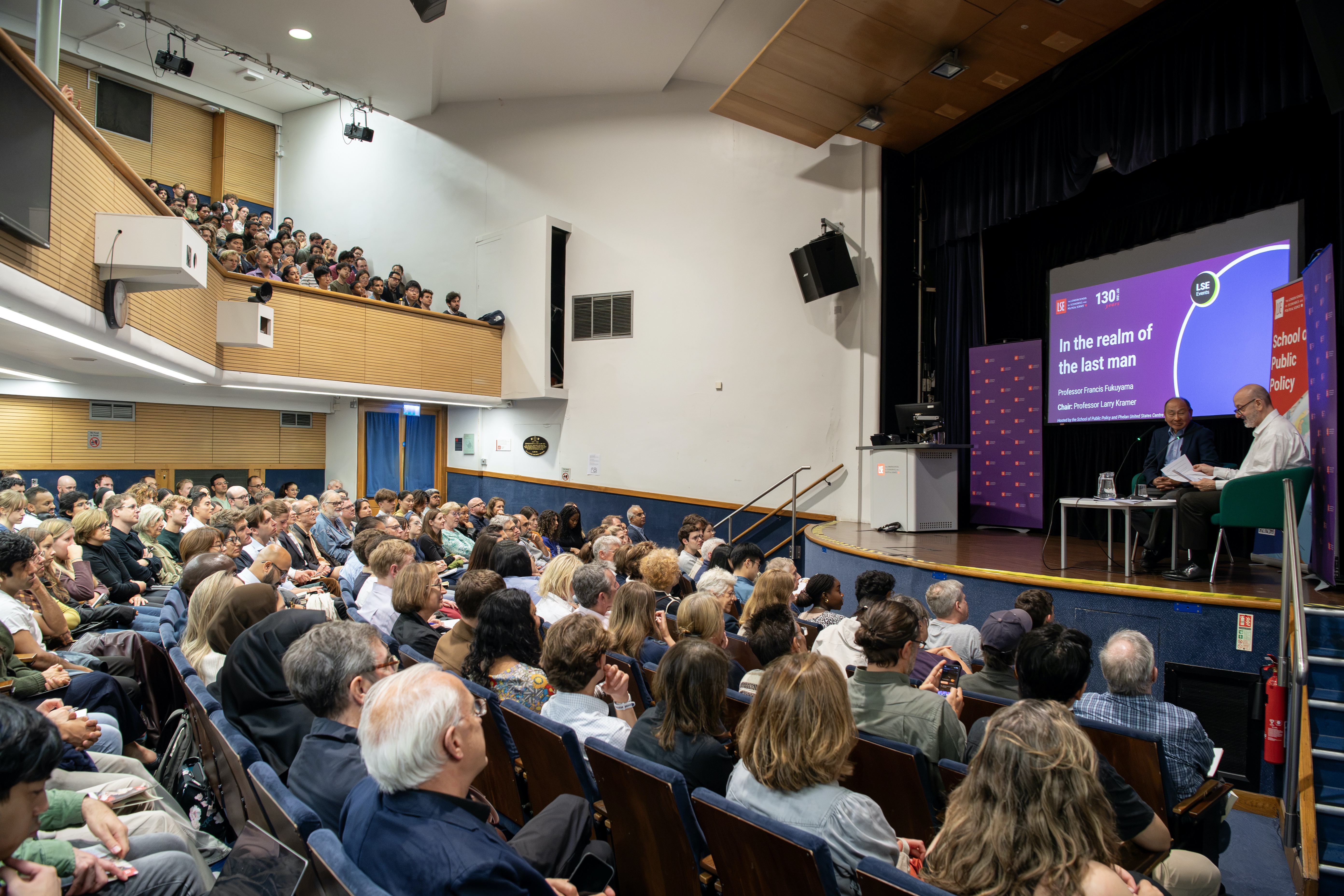 Professor Francis Fukuyama and LSE President Larry Kramer on stage in conversation with audience