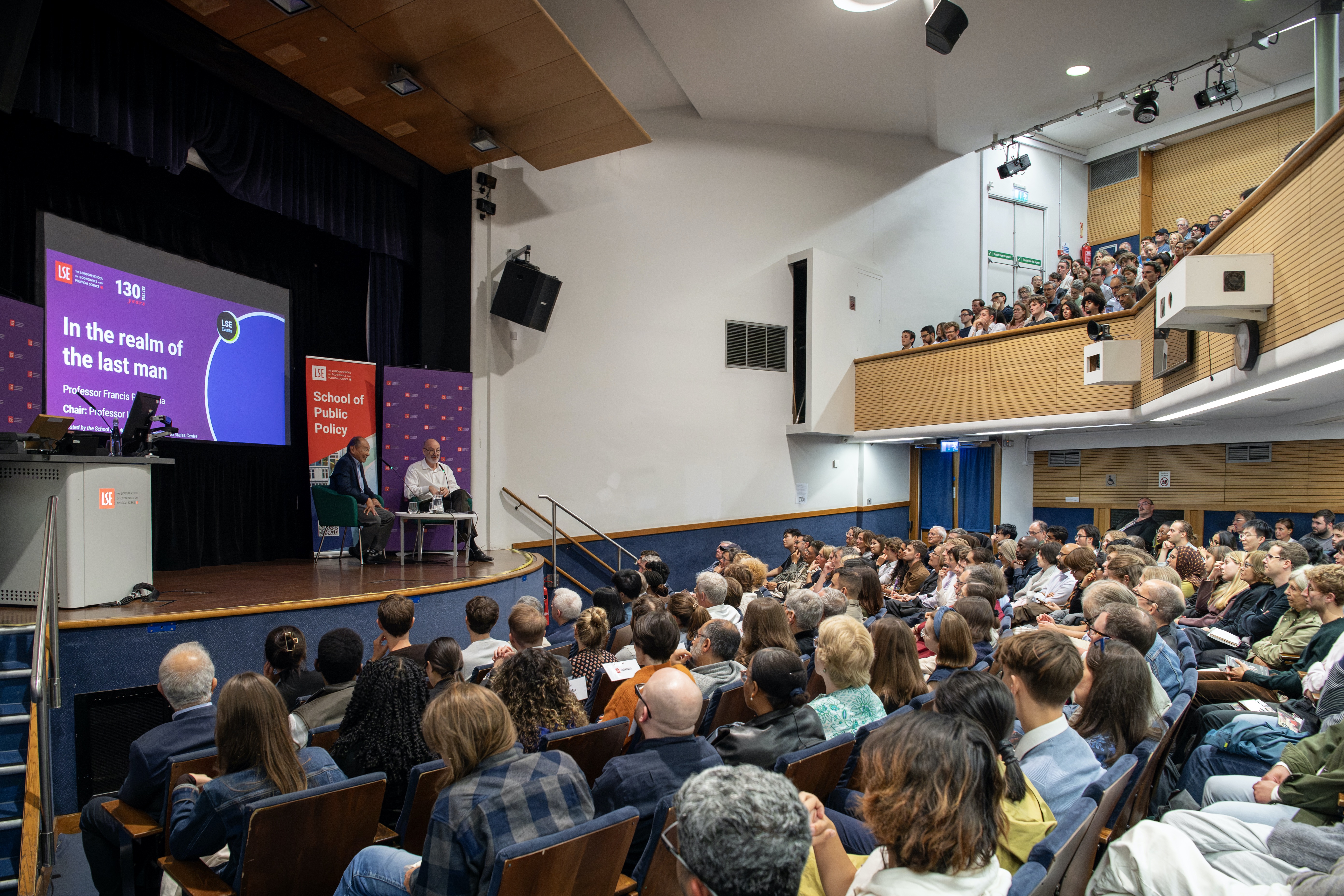 Professor Francis Fukuyama and LSE President Larry Kramer on stage in conversation with audience
