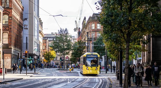 Manchester city centre with tram