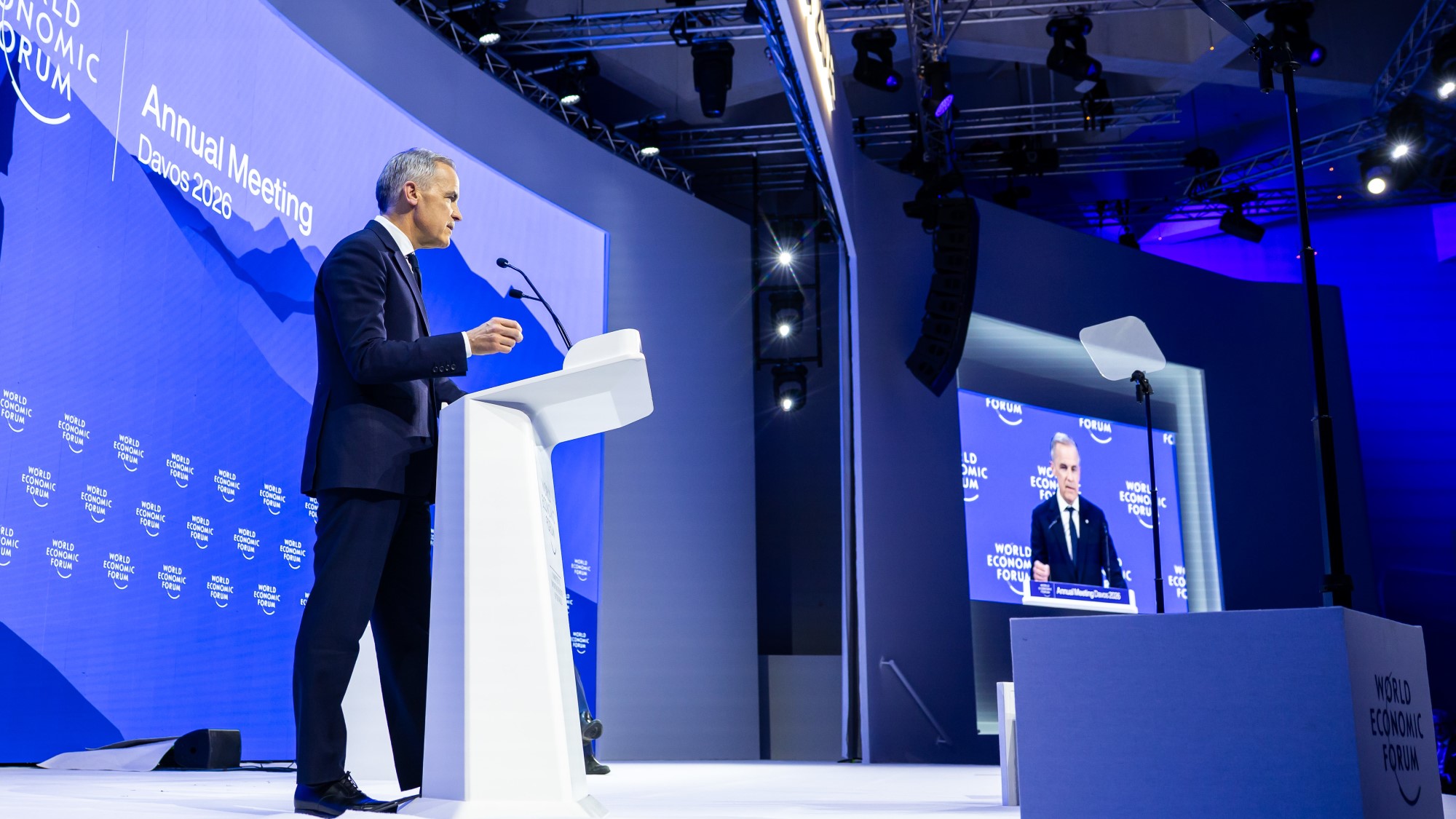 Canadian Prime Minister Mark Carney gives a speech at DAVOS 2026