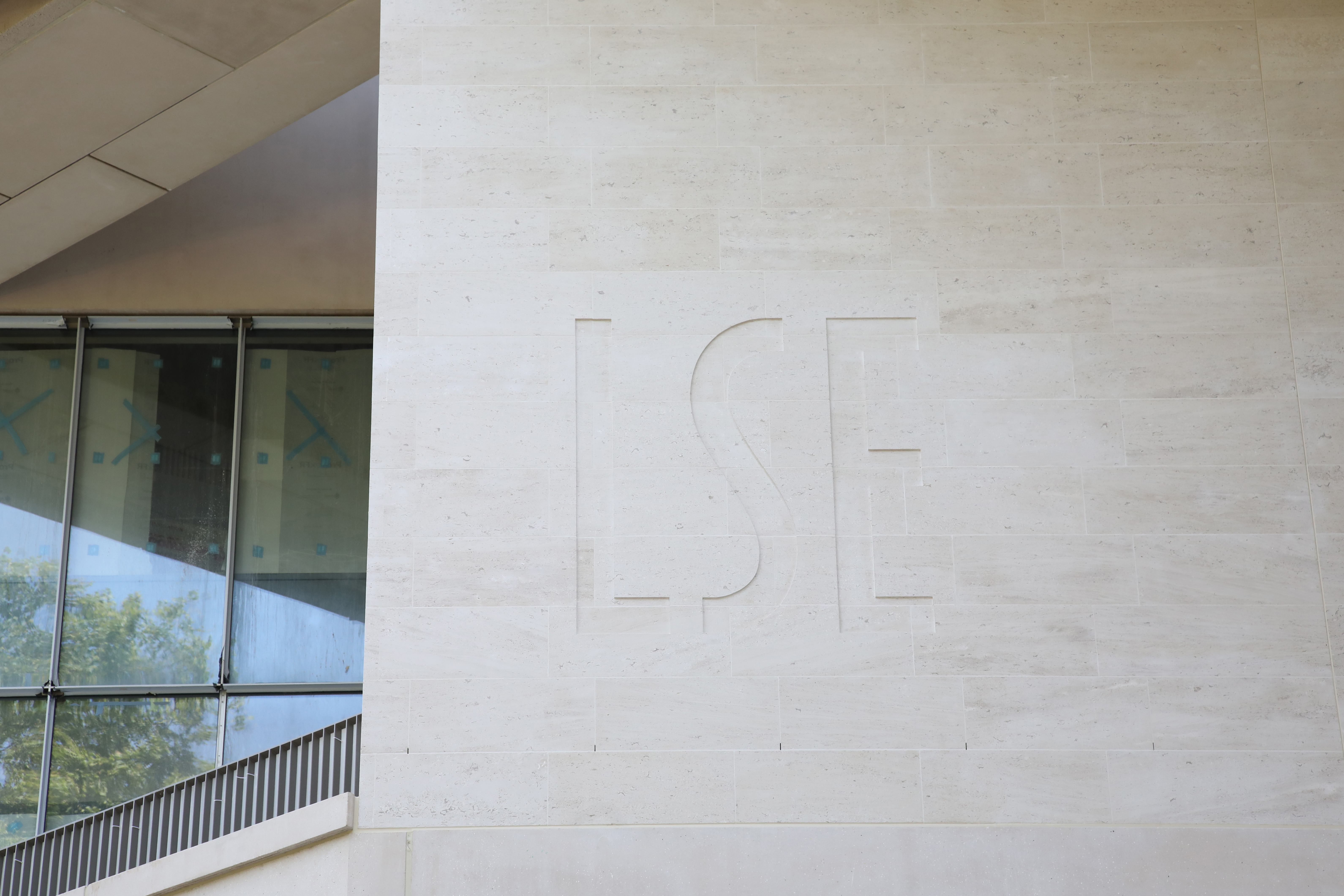 Photo of the LSE logo on the Marshall Building