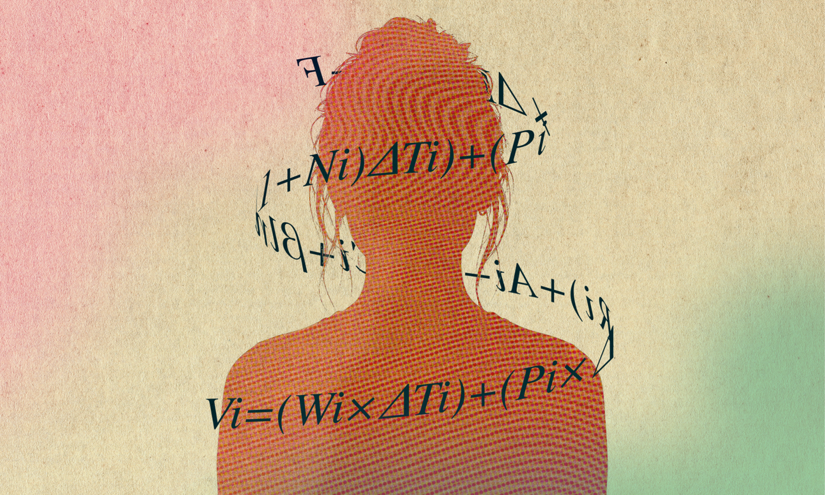 silhouette of a person with mathematical equations around them.