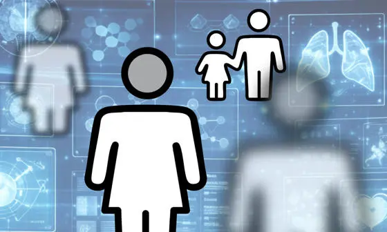 The image features icons of human figures overlaid on a futuristic background with medical and scientific graphics.