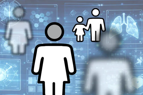 The image features icons of human figures overlaid on a futuristic background with medical and scientific graphics.