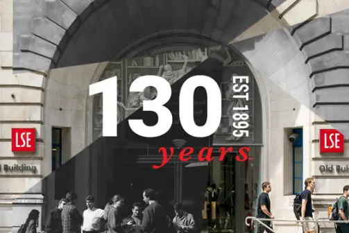 LSE's 130th anniversary logo against an image of the Old Building.