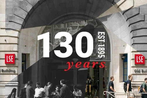 LSE's 130th anniversary logo against an image of the Old Building.