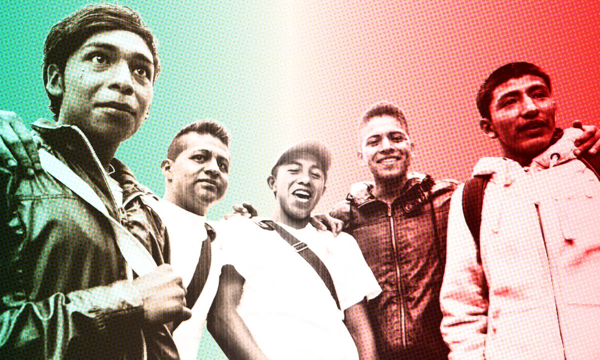 Young boys stand together with the colours of the Mexican flag overlaid