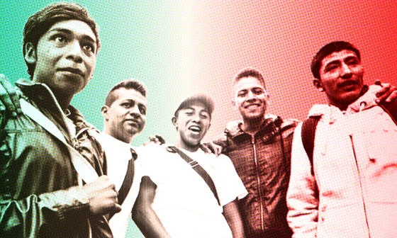 Young boys stand together with the colours of the Mexican flag overlaid
