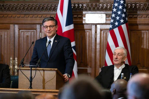 US Speaker of the House Mike Johnson addresses the UK parliament