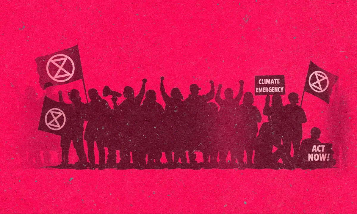 Silhouette of people demonstrating for climate action