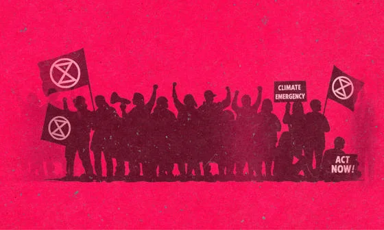 Silhouette of people demonstrating for climate action