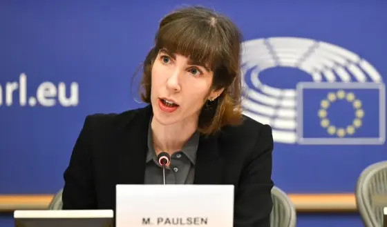Mona Paulsen at the European Parliament discussing international trade