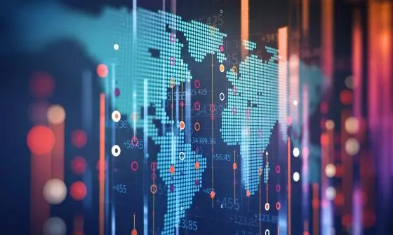Digital illustration of a world map made of glowing blue dots with data charts and numbers overlaid.