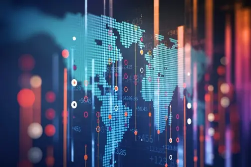 Digital illustration of a world map made of glowing blue dots with data charts and numbers overlaid.