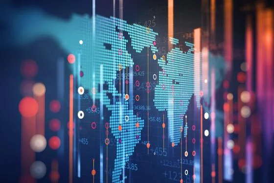 Digital illustration of a world map made of glowing blue dots with data charts and numbers overlaid.