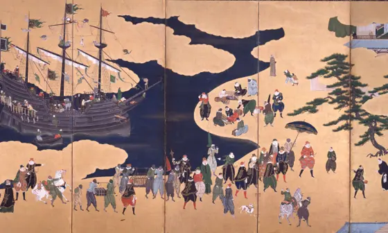 Detail of Japanese nanban screen showing westeners debarking from a sailing ship