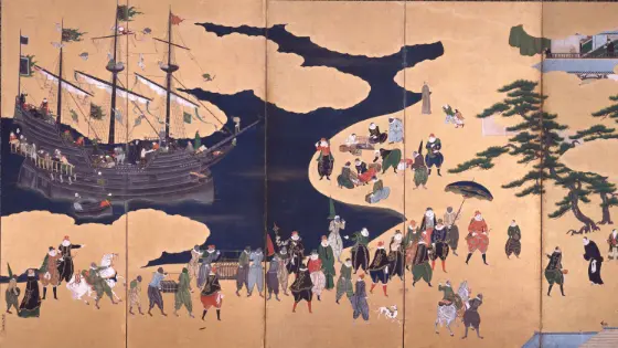 Detail of Japanese nanban screen showing westeners debarking from a sailing ship