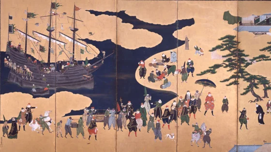 Detail of Japanese nanban screen showing westeners debarking from a sailing ship
