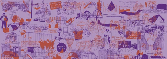 Stencil drawn graphic of human rights assocated items