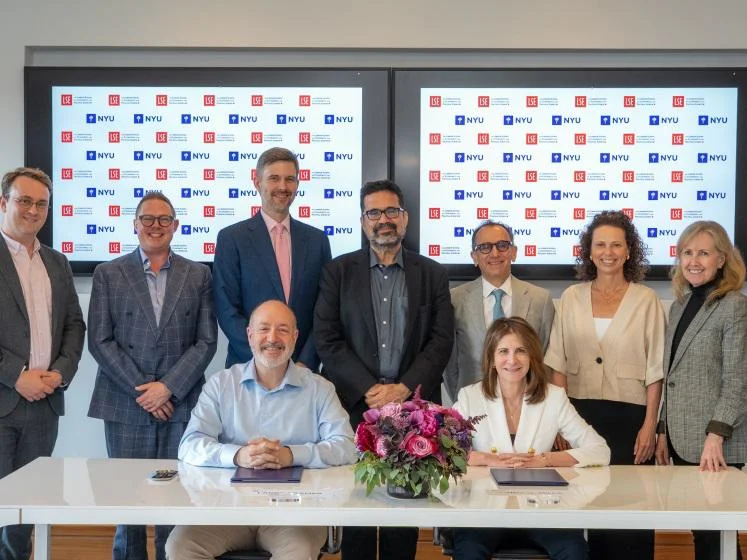 Larry Kramer and Linda Mills pictured with senior colleagues from LSE, NYU Office for Global Programs and NYU Steinhardt School of Culture, Education, and Human Development.