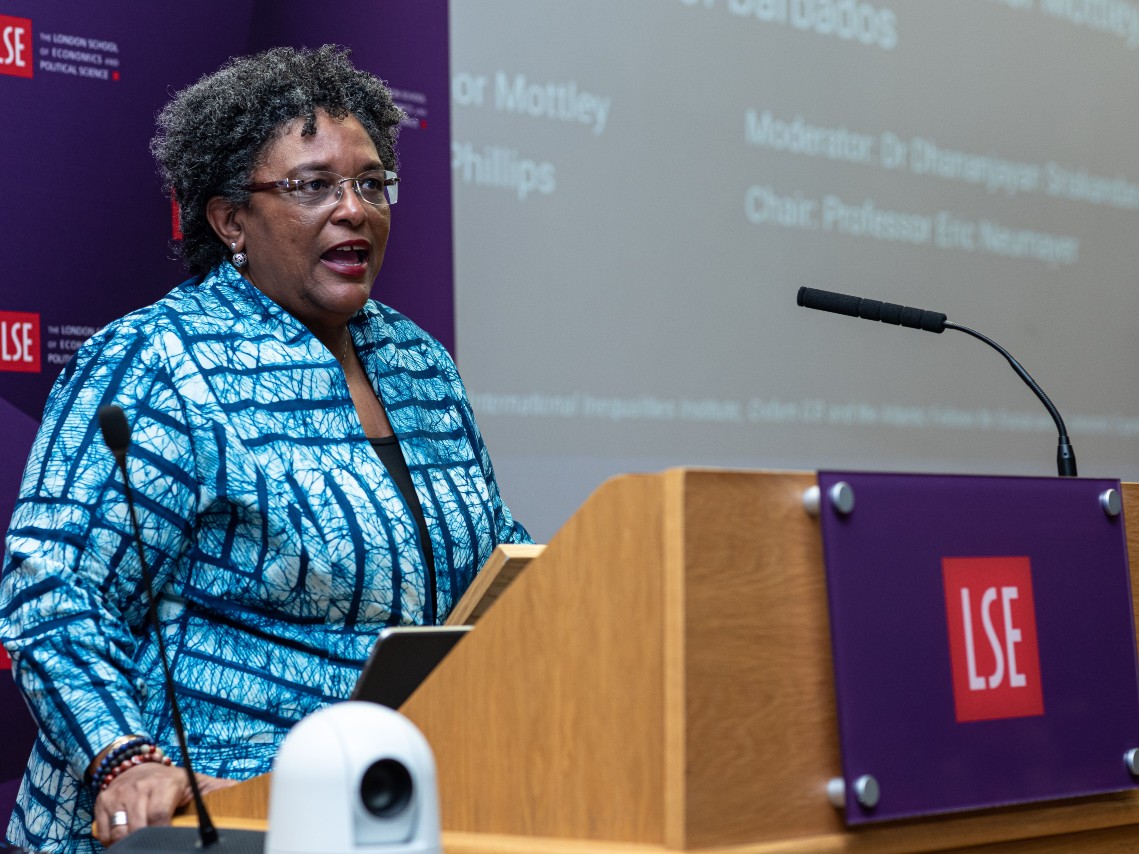 LSE alumna and Prime Minister of Barbados Mia Mottley speaking at LSE