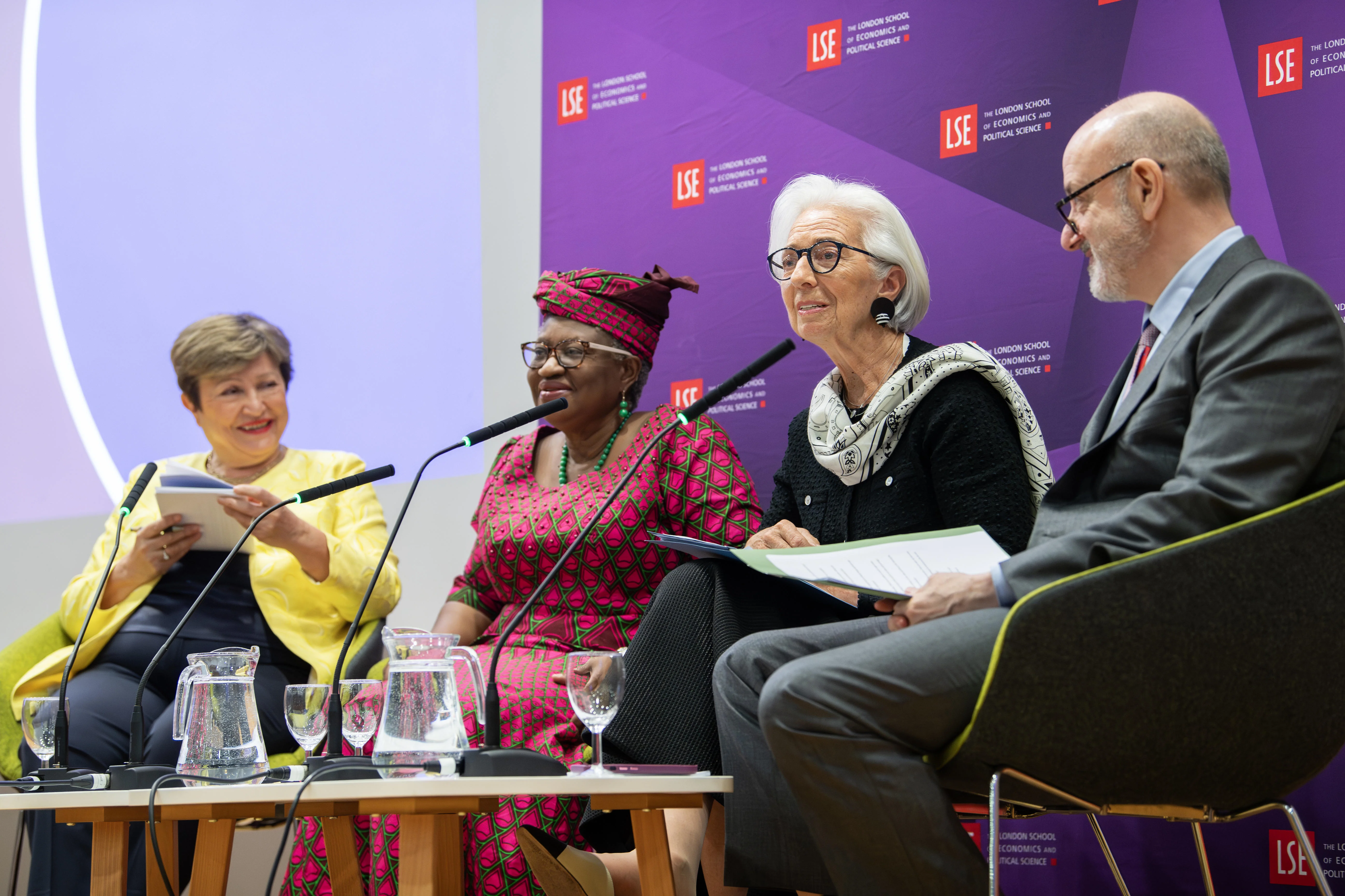 Kristalina Georgieva, Ngozi Okonjo-Iweala, Christine Lagarde and Larry Kramer (left to right)