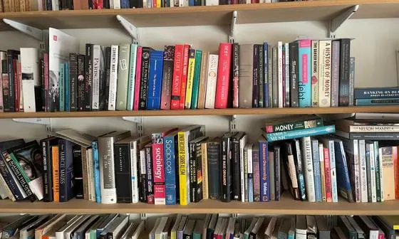 Shelves of books with some stacked horizontal and some stacked vertical.