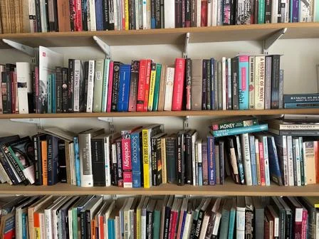 Shelves of books with some stacked horizontal and some stacked vertical.