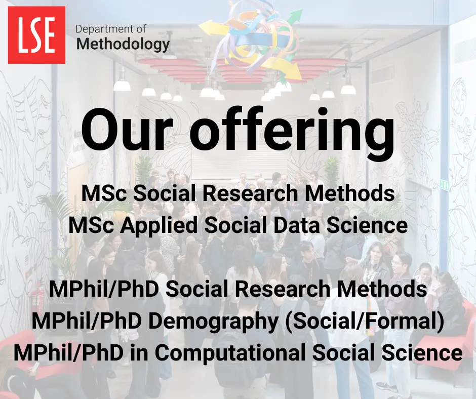graphic reading: our offering, MSc Social Research Methods; MSc Applied Social Data Science; MPhil/PhD Social Research Methods; MPhil/PhD Demography (Social/Formal); MPhil/PhD in Computational Social Science
