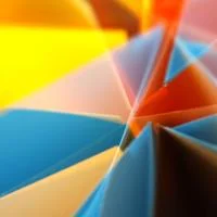 Abstract artwork with overlapping tri-polygonal shapes in orange, yellow, blue, and red, in a layered composition